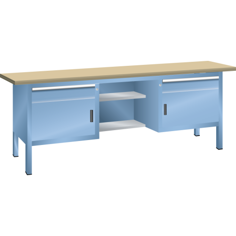 LISTA - Établi compact (LxPxH) 2000x700x850mm 2 portes battantes, 4 rayons, 2 tiroirs, hêtre KEY Lock Bleu clair RAL 5012