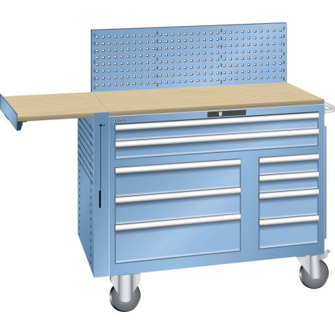 LISTA - Armoire à tiroirs Toolbox mobile 64x27E (LxPxH) 1193x630x1450mm 9 tiroirs (64x27E: 2x100, 36x27E: 2x150/1x200, 18x27E: 2x150/2x100) 75kg roues en caoutchouc Ø160mm KEY Lock Bleu clair RAL 5012