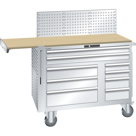 LISTA - Armoire à tiroirs Toolbox mobile 64x27E (LxPxH) 1193x630x1450mm 9 tiroirs (64x27E: 2x100, 36x27E: 2x150/1x200, 18x27E: 2x150/2x100) 75kg roues en caoutchouc Ø160mm KEY Lock Gris clair RAL 7035