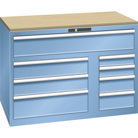 LISTA - Armoire à tiroirs Toolbox 64x36E (LxPxH) 1193x725x870mm 8 tiroirs (64x36E: 1x200**, 36x36E: 2x150/1x200, 18x36E: 2x150/2x100) 75/**200kg KEY Lock Bleu clair RAL 5012