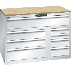 LISTA - Armoire à tiroirs Toolbox 64x36E (LxPxH) 1193x725x870mm 8 tiroirs (64x36E: 1x200**, 36x36E: 2x150/1x200, 18x36E: 2x150/2x100) 75/**200kg KEY Lock Gris clair RAL 7035