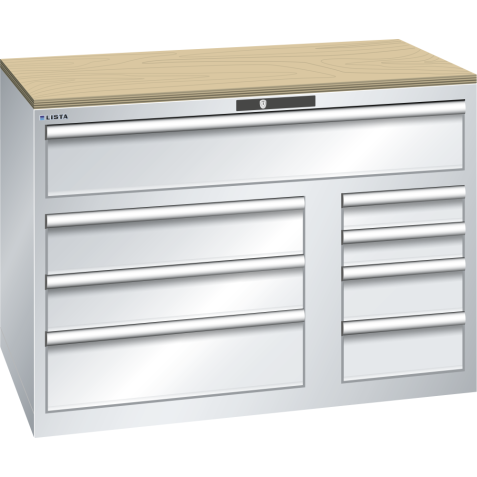 LISTA - Armoire à tiroirs Toolbox 64x36E (LxPxH) 1193x725x870mm 8 tiroirs (64x36E: 1x200**, 36x36E: 2x150/1x200, 18x36E: 2x150/2x100) 75/**200kg KEY Lock Gris clair RAL 7035