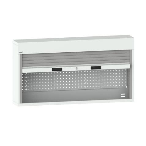 LISTA - Armoire suspendue avec volet roulant (LxPxH) 2000x250x800mm avec matériel de fixation pour paroi arrière perforé sur montant porteur, KEY Lock Gris clair RAL 7035