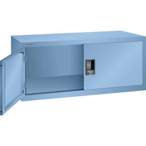 LISTA - Armoire suspendue avec portes battantes en tôle pleine (LxPxH) 1000x350x420mm avec matériel de fixation pour paroi arrière perforé sur montant porteur, KEY Lock Bleu clair RAL 5012