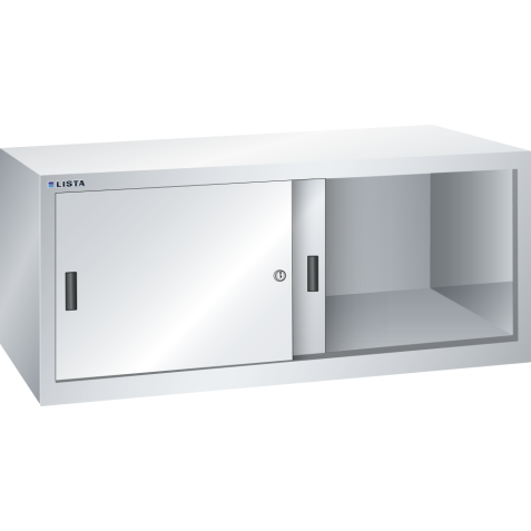 LISTA - Armoire suspendue avec portes coulissantes en tôle pleine (LxPxH) 1000x350x420mm avec matériel de fixation pour paroi arrière perforé sur montant porteur, KEY Lock Gris clair RAL 7035