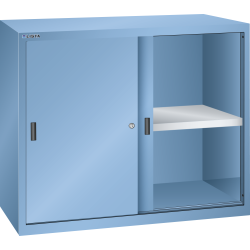 LISTA - Armoire suspendue avec portes coulissantes en tôle pleine (LxPxH) 1000x350x800mm avec matériel de fixation pour paroi arrière perforé sur montant porteur, KEY Lock Bleu clair RAL 5012