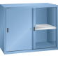 LISTA - Armoire suspendue avec portes coulissantes en tôle pleine (LxPxH) 1000x350x800mm avec matériel de fixation pour paroi arrière perforé sur montant porteur, KEY Lock Bleu clair RAL 5012
