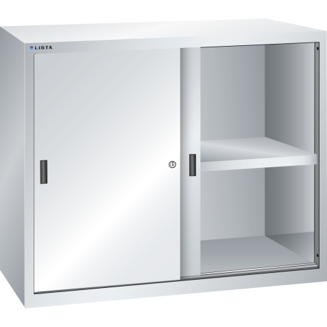LISTA - Armoire suspendue avec portes coulissantes en tôle pleine (LxPxH) 1000x350x800mm avec matériel de fixation pour paroi arrière perforé sur montant porteur, KEY Lock Gris clair RAL 7035