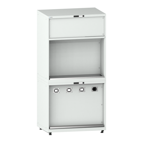 LISTA - Tour d’alimentation en fluides 54x36E (LxPxH) 1023x725x2045-2090mm 8 x accès pour flexibles/2 x bac de rétention avec kit de pieds de mise à niveau pour caches (4 x pieds, 45-90mm) et set de montage Gris clair RAL 7035