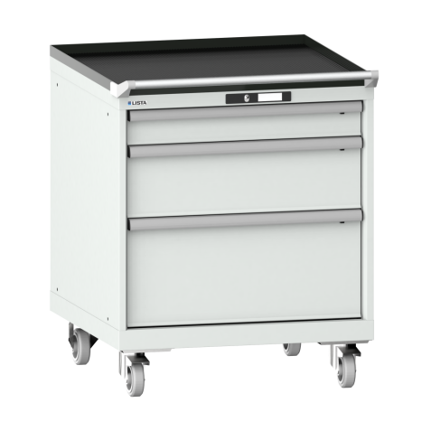 LISTA - Armoire à tiroirs mobile 36x36E (LxPxH) 717x725x890mm 3 tiroirs (1x100/1x200/1x300) 200kg roues en caoutchouc Ø100mm KEY Lock Gris clair RAL 7035