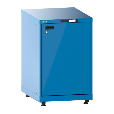 LISTA - Armoire à portes battantes 27x36E (LxPxH) 564x725x895-940mm à droite, 1 rayon extensible avec kit de pieds de mise à niveau pour caches (4 x pieds, 45-90mm) Bleu clair RAL 5012