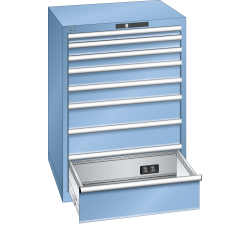 LISTA - Armoire à tiroirs 36x36E (LxPxH) 717x725x1000mm 8 tiroirs (1x50/2x75/2x100/2x150/1x200) 75kg Type F 2x230V KEY Lock Bleu clair RAL 5012