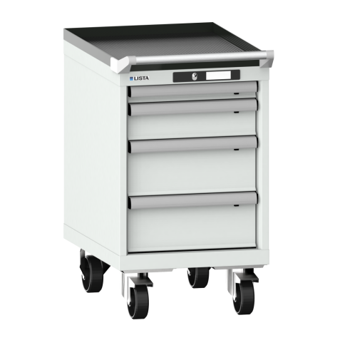 LISTA - Armoire à tiroirs mobile 18x27E (LxPxH) 411x572x723mm 4 tiroirs (1x50/1x100/2x150) 75kg roues en nylon  Ø100mm KEY Lock Gris clair RAL 7035