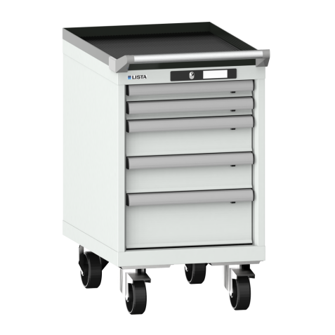 LISTA - Armoire à tiroirs mobile 18x27E (LxPxH) 411x572x723mm 5 tiroirs (2x50/2x100/1x150) 75kg roues en nylon  Ø100mm KEY Lock Gris clair RAL 7035