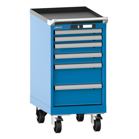 LISTA - Armoire à tiroirs mobile 18x27E (LxPxH) 411x572x840mm 6 tiroirs (2x50/2x75/2x150) 75kg roues en nylon  Ø100mm KEY Lock Bleu clair RAL 5012