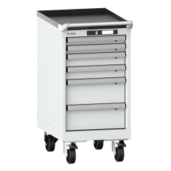LISTA - Armoire à tiroirs mobile 18x27E (LxPxH) 411x572x840mm 6 tiroirs (2x50/2x75/2x150) 75kg roues en nylon  Ø100mm KEY Lock Gris clair RAL 7035