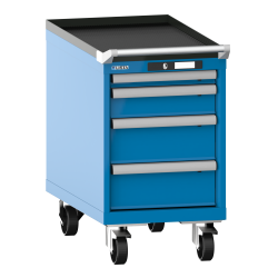 LISTA - Armoire à tiroirs mobile 18x36E (LxPxH) 411x725x723mm 4 tiroirs (1x50/1x100/2x150) 75kg roues en nylon  Ø100mm KEY Lock Bleu clair RAL 5012