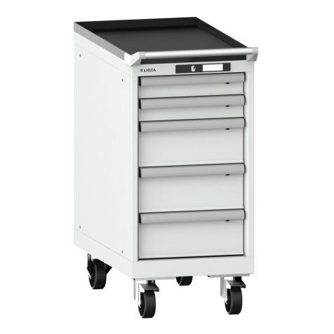 LISTA - Armoire à tiroirs mobile 18x36E (LxPxH) 411x725x890mm 5 tiroirs (2x75/3x150) 75kg roues en nylon  Ø100mm KEY Lock Gris clair RAL 7035