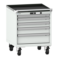 LISTA - Armoire à tiroirs mobile 27x27E (LxPxH) 564x572x723mm 5 tiroirs (1x50/2x75/1x100/1x150) 75kg roues en nylon  Ø100mm KEY Lock Gris clair RAL 7035