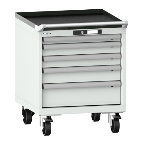 LISTA - Armoire à tiroirs mobile 27x27E (LxPxH) 564x572x723mm 5 tiroirs (1x50/2x75/1x100/1x150) 75kg roues en nylon  Ø100mm KEY Lock Gris clair RAL 7035