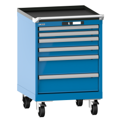 LISTA - Armoire à tiroirs mobile 27x27E (LxPxH) 564x572x840mm 6 tiroirs (2x50/2x75/2x150) 75kg roues en nylon  Ø100mm KEY Lock Bleu clair RAL 5012