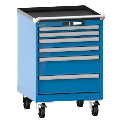 LISTA - Armoire à tiroirs mobile 27x27E (LxPxH) 564x572x840mm 6 tiroirs (2x50/2x75/2x150) 75kg roues en nylon  Ø100mm KEY Lock Bleu clair RAL 5012