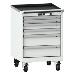 LISTA - Armoire à tiroirs mobile 27x27E (LxPxH) 564x572x840mm 6 tiroirs (2x50/2x75/2x150) 75kg roues en nylon  Ø100mm KEY Lock Gris clair RAL 7035