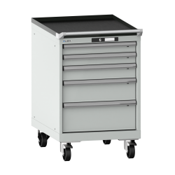 LISTA - Armoire à tiroirs mobile 27x36E (LxPxH) 564x725x890mm 5 tiroirs (2x75/1x100/1x150/1x200) 75kg roues en nylon  Ø100mm KEY Lock Gris clair RAL 7035
