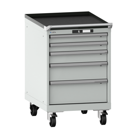 LISTA - Armoire à tiroirs mobile 27x36E (LxPxH) 564x725x890mm 5 tiroirs (2x75/1x100/1x150/1x200) 75kg roues en nylon  Ø100mm KEY Lock Gris clair RAL 7035