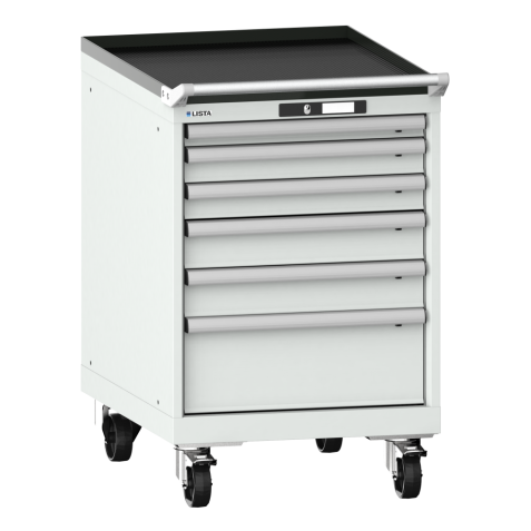 LISTA - Armoire à tiroirs mobile 27x36E (LxPxH) 564x725x890mm 6 tiroirs (1x50/2x75/2x100/1x200) 75kg roues en nylon  Ø100mm KEY Lock Gris clair RAL 7035