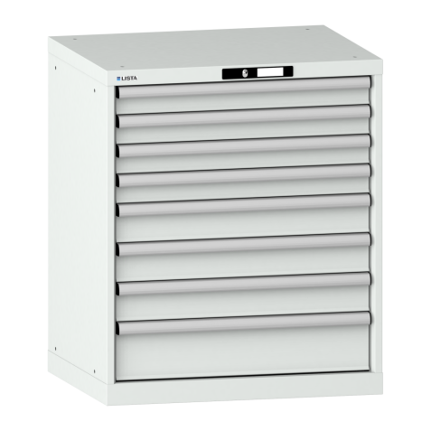 LISTA - Armoire à tiroirs 36x27E (LxPxH) 717x572x850mm 8 tiroirs (4x75/3x100/1x150) 75kg KEY Lock Gris clair RAL 7035