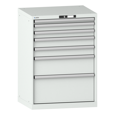 LISTA - Armoire à tiroirs 36x27E (LxPxH) 717x572x1000mm 7 tiroirs (1x50/2x75/2x100/1x200/1x300) 75kg KEY Lock Gris clair RAL 7035