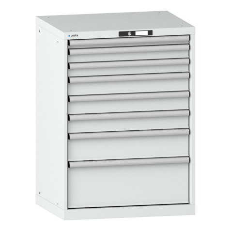 LISTA - Armoire à tiroirs 36x27E (LxPxH) 717x572x1000mm 8 tiroirs (1x50/2x75/3x100/1x150/1x250) 75kg KEY Lock Gris clair RAL 7035