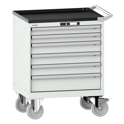LISTA - Armoire à tiroirs mobile 36x27E (LxPxH) 717x572x962mm 6 tiroirs (2x75/3x100/1x150) 75kg roues en caoutchouc Ø160mm KEY Lock Gris clair RAL 7035