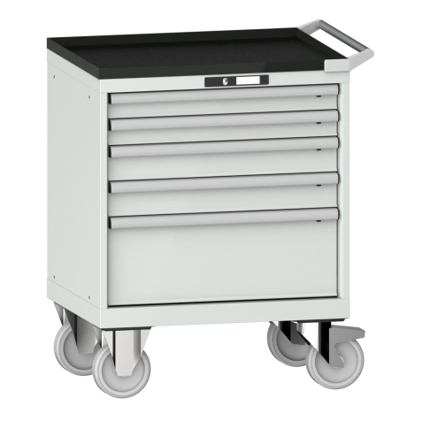 LISTA - Armoire à tiroirs mobile 36x27E (LxPxH) 717x572x962mm 5 tiroirs (2x75/2x100/1x250) 75kg roues en caoutchouc Ø160mm KEY Lock Gris clair RAL 7035