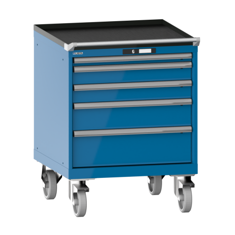 LISTA - Armoire à tiroirs mobile 36x36E (LxPxH) 717x725x962mm 5 tiroirs (1x50/2x100/1x150/1x200) 75kg roues en caoutchouc Ø160mm KEY Lock Bleu clair RAL 5012