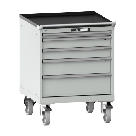LISTA - Armoire à tiroirs mobile 36x36E (LxPxH) 717x725x962mm 5 tiroirs (1x50/2x100/1x150/1x200) 75kg roues en caoutchouc Ø160mm KEY Lock Gris clair RAL 7035