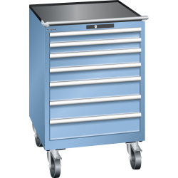 LISTA - Armoire à tiroirs mobile 36x36E (LxPxH) 717x725x1112mm 7 tiroirs (2x75/2x100/2x125/1x150) 75kg roues en caoutchouc Ø160mm KEY Lock Bleu clair RAL 5012