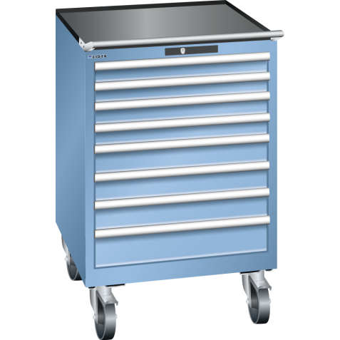 LISTA - Armoire à tiroirs mobile 36x36E (LxPxH) 717x725x1112mm 8 tiroirs (4x75/3x100/1x150) 75kg roues en caoutchouc Ø160mm KEY Lock Bleu clair RAL 5012