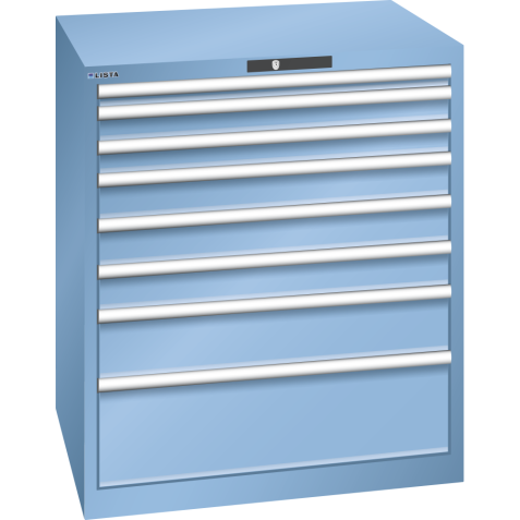 LISTA - Armoire à tiroirs 45x36E (LxPxH) 870x725x1000mm 8 tiroirs (1x50*/2x75/3x100/1x150/1x250) *75/200kg KEY Lock Bleu clair RAL 5012