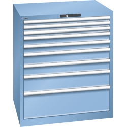 LISTA - Armoire à tiroirs 45x36E (LxPxH) 870x725x1000mm 9 tiroirs (3x50*/2x75/2x100/1x150/1x250) *75/200kg KEY Lock Bleu clair RAL 5012