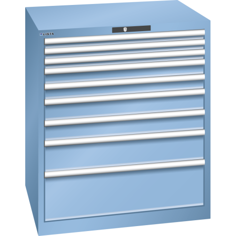 LISTA - Armoire à tiroirs 45x36E (LxPxH) 870x725x1000mm 9 tiroirs (3x50*/2x75/2x100/1x150/1x250) *75/200kg KEY Lock Bleu clair RAL 5012