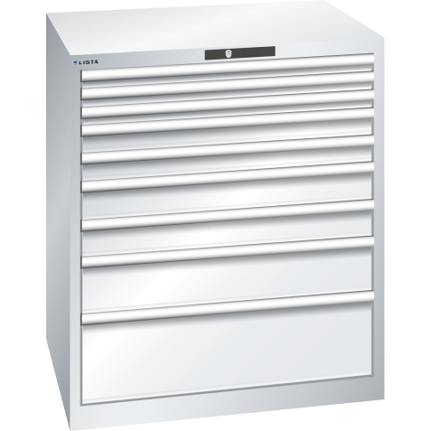LISTA - Armoire à tiroirs 45x36E (LxPxH) 870x725x1000mm 9 tiroirs (3x50*/2x75/2x100/1x150/1x250) *75/200kg KEY Lock Gris clair RAL 7035