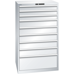 LISTA - Armoire à tiroirs 45x36E (LxPxH) 870x725x1450mm 9 tiroirs (3x100/5x150/1x300**) 75/**200kg KEY Lock Gris clair RAL 7035
