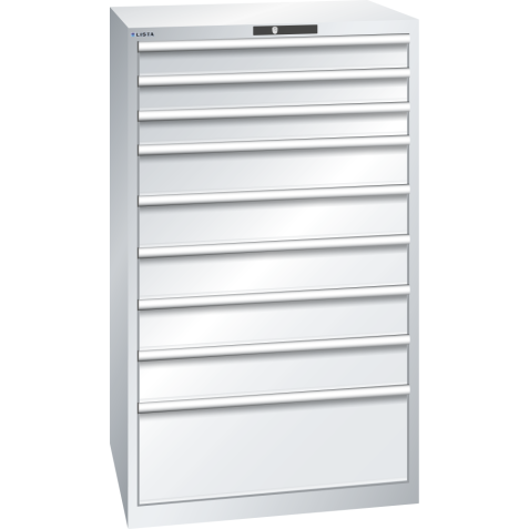 LISTA - Armoire à tiroirs 45x36E (LxPxH) 870x725x1450mm 9 tiroirs (3x100/5x150/1x300**) 75/**200kg KEY Lock Gris clair RAL 7035