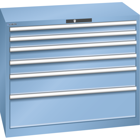 LISTA - Armoire à tiroirs 54x27E (LxPxH) 1023x572x850mm 6 tiroirs (2x75/2x100/1x150/1x250**) 75/**200kg KEY Lock Bleu clair RAL 5012
