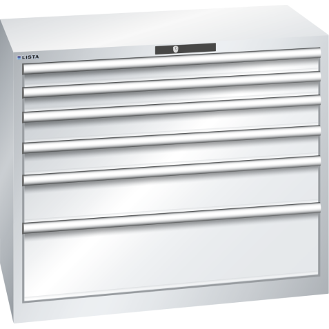 LISTA - Armoire à tiroirs 54x27E (LxPxH) 1023x572x850mm 6 tiroirs (2x75/2x100/1x150/1x250**) 75/**200kg KEY Lock Gris clair RAL 7035