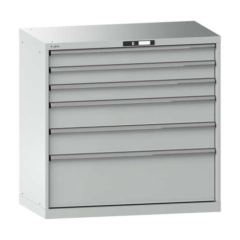 LISTA - Armoire à tiroirs 54x27E (LxPxH) 1023x572x1000mm 6 tiroirs (3x100/2x150/1x300**) 75/**200kg KEY Lock Gris clair RAL 7035