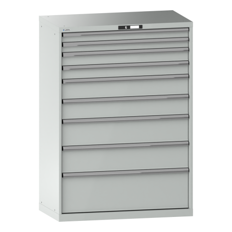 LISTA - Armoire à tiroirs 54x27E (LxPxH) 1023x572x1450mm 9 tiroirs (2x75/2x100/2x150/2x200/1x300**) 75/**200kg KEY Lock Gris clair RAL 7035