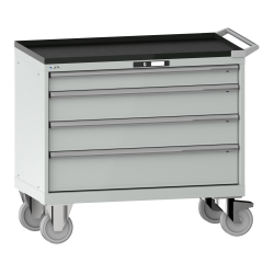 LISTA - Armoire à tiroirs mobile 54x27E (LxPxH) 1023x572x962mm 4 tiroirs (1x100/2x150/1x200) 75kg roues en caoutchouc Ø160mm KEY Lock Gris clair RAL 7035